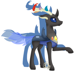 Size: 1990x1918 | Tagged: safe, artist:spokenmind93, oc, oc only, changedling, changeling, xerneas, antlers, blue changeling, changedlingified, changeling king, changelingified, pokémon, ponymon, raised hoof, shadow, signature, simple background, solo, species swap, transparent background