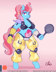 Size: 892x1155 | Tagged: safe, artist:nekocrispy, cup cake, pinkie pie, earth pony, anthro, unguligrade anthro, g4, clothes, cosplay, costume, ear piercing, female, frying pan, looking at you, milf, oven mitt, overwatch, patreon, patreon logo, piercing, roadhog (overwatch), solo, tattoo
