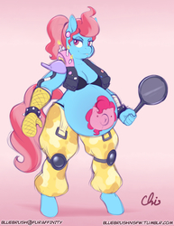 Size: 892x1155 | Tagged: safe, alternate version, artist:nekocrispy, cup cake, pinkie pie, earth pony, anthro, unguligrade anthro, g4, bra, clothes, cosplay, costume, ear piercing, female, frying pan, looking at you, oven mitt, overwatch, piercing, pregnant, roadhog (overwatch), solo, tattoo, thick cup cake, underwear