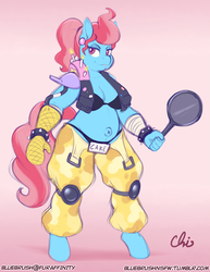 Size: 892x1155 | Tagged: safe, alternate version, artist:nekocrispy, cup cake, anthro, unguligrade anthro, belly button, clothes, cosplay, costume, ear piercing, female, frying pan, looking at you, milf, oven mitt, overwatch, piercing, roadhog (overwatch), solo