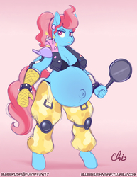 Size: 892x1155 | Tagged: safe, alternate version, artist:nekocrispy, cup cake, anthro, unguligrade anthro, g4, belly, belly button, big belly, bra, clothes, cosplay, costume, ear piercing, female, frying pan, looking at you, oven mitt, overwatch, piercing, pregnant, roadhog (overwatch), solo, thick cup cake, underwear