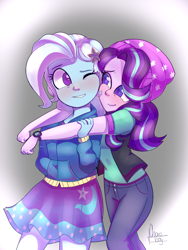 Size: 1200x1600 | Tagged: safe, artist:fluterloo, starlight glimmer, trixie, human, equestria girls, equestria girls specials, g4, mirror magic, abstract background, beanie, blushing, clothes, colored pupils, cute, cutie mark, cutie mark on clothes, diatrixes, eyelashes, female, glimmerbetes, hairpin, hand, hand in pocket, hat, hoodie, hug, hug from behind, jeans, lesbian, looking at each other, one eye closed, pants, ship:startrix, shipping, signature, skirt, watch