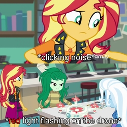 Size: 2048x2048 | Tagged: safe, screencap, sunset shimmer, trixie, wallflower blush, equestria girls, equestria girls series, forgotten friendship, g4, attention to detail, drone, high res, invisible (song)