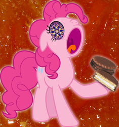 Size: 867x922 | Tagged: safe, edit, pinkie pie, g4, female, food, kaleidoscope, marmalade, marshmallow, marshmallow pie, nightmare fuel, psychedelic, solo, song reference, the beatles, tripping, tripping balls, trippy