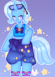Size: 2495x3500 | Tagged: safe, artist:bunxl, trixie, unicorn, semi-anthro, equestria girls, equestria girls series, forgotten friendship, g4, :3, arm hooves, bow, clothes, equestria girls outfit, female, gradient background, heart, high res, mare, solo, starry eyes, stars, sunglasses, swimsuit, wingding eyes