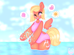 Size: 4000x3000 | Tagged: safe, artist:bunxl, oc, oc only, anthro, arm hooves, blushing, clothes, colored pupils, female, heart, heart eyes, one eye closed, one-piece swimsuit, open-back swimsuit, signature, solo, swimsuit, water, wingding eyes, wings, wink