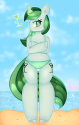 Size: 1892x3000 | Tagged: safe, artist:bunxl, oc, oc only, unicorn, anthro, unguligrade anthro, :t, anatomically incorrect, angry, arm hooves, beach, belly button, bikini, blushing, clothes, cocktail, cocktail glass, crossed arms, female, incorrect leg anatomy, levitation, looking at you, magic, signature, skull, skull eyes, solo, swimsuit, telekinesis, wingding eyes