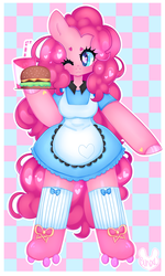 Size: 2101x3500 | Tagged: safe, artist:bunxl, pinkie pie, earth pony, anthro, semi-anthro, coinky-dink world, equestria girls, g4, my little pony equestria girls: summertime shorts, :3, arm hooves, burger, colored pupils, cute, diapinkes, drink, female, food, heart, heart eyes, high res, mare, one eye closed, roller skates, server pinkie pie, signature, smiling, solo, tray, wingding eyes, wink