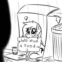 Size: 512x512 | Tagged: safe, artist:glimglam, edit, oc, oc only, oc:filly anon, begging, cardboard box, cute, female, filly, homeless, lineart, looking up, rain, sitting, solo, text, tip jar, trash, trash can, will x for y