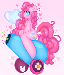 Size: 3000x3500 | Tagged: safe, artist:bunxl, pinkie pie, earth pony, semi-anthro, g4, anatomically incorrect, aside glance, blowing bubbles, bubble, confetti, female, heart, heart eyes, high res, incorrect leg anatomy, looking at you, mare, party cannon, signature, sitting, solo, wingding eyes