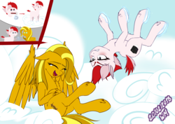 Size: 7016x4961 | Tagged: safe, artist:wolfmask, oc, oc only, oc:maple breeze, oc:winter sol, earth pony, pegasus, pony, absurd resolution, cloud, duo, fluffy, laughing, upside down
