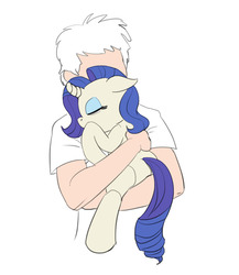 Size: 755x870 | Tagged: safe, artist:carnifex, rarity, oc, oc only, oc:rare, human, pony, unicorn, g4, bootleg, curved horn, cute, duo, eyes closed, eyeshadow, fanfic, fanfic art, female, floppy ears, holding a pony, horn, hug, human and pony, human male, human on pony action, interspecies, makeup, male, mare, simple background, white background