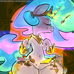 Size: 3000x3000 | Tagged: safe, artist:itsalwayspony, princess celestia, alicorn, pony, g4, belly button, cake, crown, disproportional anatomy, eyes closed, female, food, glowing horn, high res, horn, jewelry, magic, mare, regalia, scale, smiling, solo, wide hips