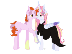 Size: 2048x1536 | Tagged: safe, artist:commandereclipse, oc, oc only, oc:mistral violet, oc:solar shine, alicorn, pony, unicorn, alicorn oc, cheek kiss, clothes, colored wings, couple, cute, dress, female, husband and wife, kissing, male, mishine, multiple pregnancy, nuzzling, oc x oc, offspring, offspring shipping, one eye closed, parent:princess cadance, parent:shining armor, parent:starlight glimmer, parent:sunburst, parents:shiningcadance, parents:starburst, pregnant, shipping, straight