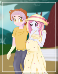 Size: 1024x1311 | Tagged: safe, artist:bonsia-lucky, oc, oc only, oc:mistral violet, oc:solar shine, equestria girls, g4, clothes, couple, cute, dress, equestria girls-ified, female, hand on shoulder, hat, husband and wife, male, mishine, multiple pregnancy, oc x oc, offspring, offspring shipping, parent:princess cadance, parent:shining armor, parent:starlight glimmer, parent:sunburst, parents:shiningcadance, parents:starburst, park, pregnant, shipping, straight