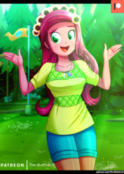 Size: 1120x1560 | Tagged: safe, artist:the-butch-x, gloriosa daisy, equestria girls, g4, my little pony equestria girls: legend of everfree, clothes, commission, female, flag, flower, flower in hair, forest, freckles, magical geodes, patreon, patreon logo, scenery, shirt, shorts, smiling, solo, tree