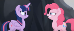 Size: 848x359 | Tagged: safe, screencap, pinkie pie, twilight sparkle, alicorn, earth pony, pony, g4, my little pony: the movie, angry, argument, basalt beach, duo, duo female, face to face, female, frustrated, mare, scowl, twilight sparkle (alicorn)