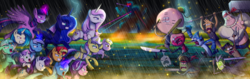 Size: 4223x1330 | Tagged: safe, artist:the-butch-x, dinky hooves, dj pon-3, fleur-de-lis, lyra heartstrings, minuette, princess luna, rarity, starlight glimmer, sunset shimmer, sweetie belle, trixie, twilight sparkle, upper crust, vinyl scratch, alicorn, ghost, pony, unicorn, anthro, g4, anthro with ponies, badass, baseball bat, benson, cartoon network, commission, counterparts, crossover, epic, female, fight, glowing horn, gritted teeth, gun, hammer, handgun, hi-five ghost, horn, knife, male, mare, mordecai, mordecai and rigby, muscle man, pops maellard, redraw, regular show, revolver, rigby (regular show), shotgun, skips, spear, sword, techmo, this will not end well, twilight sparkle (alicorn), twilight's counterparts, ultimate showdown of ultimate destiny, weapon, xk-class end-of-the-world scenario