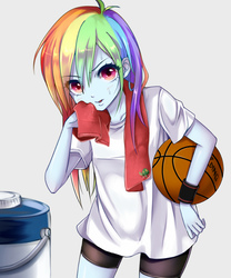 Size: 1000x1200 | Tagged: safe, artist:aruba, rainbow dash, equestria girls, g4, anime, basketball, clothes, compression shorts, female, looking at you, shirt, solo, sports, sweat, tank (container), towel, water bottle