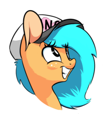 Size: 656x721 | Tagged: artist needed, safe, oc, oc only, oc:little league, pony, baseball cap, bust, cap, female, filly, freckles, hat, simple background, smiling, white background