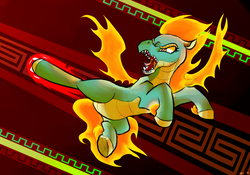 Size: 1200x840 | Tagged: safe, artist:invertigo, tianhuo (tfh), longma, them's fightin' herds, community related, female, fire, mane of fire, open mouth, solo, tongue out, wallpaper