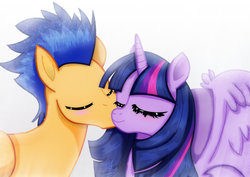 Size: 1600x1131 | Tagged: safe, artist:jotakaanimation, flash sentry, twilight sparkle, alicorn, pegasus, pony, g4, blushing, cheek kiss, eyes closed, female, kissing, male, ship:flashlight, shipping, simple background, smiling, straight, twilight sparkle (alicorn), white background