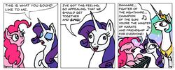 Size: 948x384 | Tagged: safe, artist:gingerfoxy, pinkie pie, princess celestia, rarity, alicorn, earth pony, pony, unicorn, pony comic generator, g4, bananaphone, comic, daymare, dialogue, female, it's always sunny in philadelphia, keyboard, mare, musical instrument, simple background, singing, song reference, white background