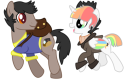 Size: 5154x3255 | Tagged: safe, artist:1ittlebird, oc, oc only, oc:prismatic blitz, alicorn, earth pony, pony, absurd resolution, bag, bomber jacket, clothes, colored wings, female, jacket, male, mare, multicolored wings, saddle, simple background, stallion, tack, transparent background