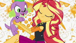 Size: 1920x1080 | Tagged: safe, screencap, spike, spike the regular dog, sunset shimmer, dog, equestria girls, g4, my little pony equestria girls: better together, geode of empathy, holding a dog, intro, non-shipping, opening theme, ponied up