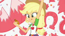 Size: 1920x1080 | Tagged: safe, screencap, applejack, equestria girls, g4, my little pony equestria girls: better together, cookie, cute, food, geode of super strength, intro, jackabetes, magical geodes, opening theme, tongue out