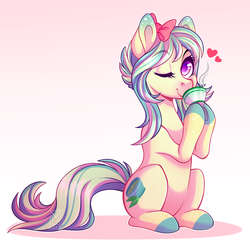 Size: 2404x2333 | Tagged: safe, artist:micky-ann, oc, oc only, earth pony, pony, bow, cup, female, heart, high res, mare, one eye closed, sitting, solo