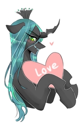 Size: 1200x1828 | Tagged: dead source, safe, artist:seamaggie, queen chrysalis, changeling, changeling queen, g4, blushing, bronybait, fangs, female, heart, horn, love, simple background, smiling, solo, white background