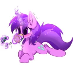 Size: 1000x1000 | Tagged: safe, artist:heddopen, amethyst star, sparkler, pony, unicorn, g4, blushing, chest fluff, cute, ear fluff, female, fluffy, food, glowing horn, horn, horse problems, leg fluff, levitation, magic, mare, peanut butter, prone, shaking, shivering, simple background, solo, stuck, sweat, sweatdrop, telekinesis, that pony sure loves peanut butter, white background