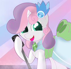 Size: 2671x2577 | Tagged: safe, artist:skyflys, sweetie belle, pony, unicorn, g4, make new friends but keep discord, bow, clothes, cute, diasweetes, dress, female, gala dress, high res, microphone, singing, solo