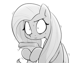 Size: 557x473 | Tagged: safe, artist:shoutingisfun, fluttershy, pegasus, pony, g4, ear fluff, every day we stray further from god's light, female, grayscale, hoof hold, i've seen some shit, mare, monochrome, paper, reversed gender roles equestria, shaking, shocked, shrunken pupils, simple background, solo, spooked, what the fuck am i reading, white background