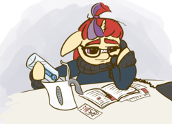 Size: 3436x2487 | Tagged: artist needed, safe, moondancer, pony, unicorn, g4, alcohol, book, clothes, drawthread, electric water kettle, female, high res, hoof hold, mare, phone, request, solo, sweater, turtleneck, vodka