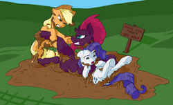 Size: 2227x1356 | Tagged: safe, artist:anonymous, applejack, rarity, tempest shadow, earth pony, pony, unicorn, g4, my little pony: the movie, bipedal, bipedal leaning, broken horn, chokehold, drawthread, female, horn, leaning, mare, mud, mud wrestling, on back, request, strategically covered, trio, underhoof
