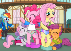 Size: 4033x2915 | Tagged: dead source, safe, artist:elephanteddie, fluttershy, pinkie pie, rainbow dash, scootaloo, sweetie belle, pony, semi-anthro, g4, assisted exposure, bipedal, blushing, bra strap, clothes, cupcake underwear, embarrassed, embarrassed underwear exposure, female, frilly underwear, green underwear, high res, humiliation, mare, mismatched underwear, panties, pants, pants down, pantsing, polka dot underwear, ponyville, ponyville town hall, prank, red underwear, ribbon, shirt, shorts, silly panties, skirt, skirt pull, skirt pulled down, striped underwear, tubetop, underwear, undressing