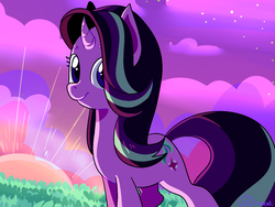 Size: 1600x1200 | Tagged: safe, artist:1racat, starlight glimmer, pony, unicorn, g4, curved horn, cute, female, glimmerbetes, horn, mare, smiling, solo, sunset
