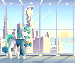 Size: 3777x3159 | Tagged: safe, artist:airiniblock, oc, oc only, pony, unicorn, rcf community, bridge, city, clothes, coffee, commission, crystaller building, cup, female, high res, hoof hold, manehattan, mare, snow, solo, window, winter