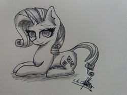 Size: 4128x3096 | Tagged: safe, artist:ironbeastz, rarity, pony, unicorn, g4, female, high res, mare, monochrome, prone, solo, traditional art