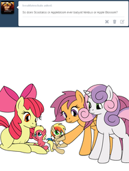 Size: 600x800 | Tagged: safe, artist:dekomaru, apple bloom, scootaloo, sweetie belle, oc, oc:apple blossom, oc:nimbus, pony, tumblr:ask twixie, g4, ask, aunt and nephew, aunt and niece, baby, baby pony, cutie mark crusaders, magical lesbian spawn, offspring, older, parent:applejack, parent:big macintosh, parent:fluttershy, parent:rainbow dash, parents:appledash, parents:fluttermac, prone, tumblr