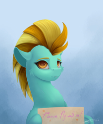 Size: 2500x3000 | Tagged: safe, artist:skitsroom, lightning dust, pony, g4, female, high res, mare, sign, smiling, solo