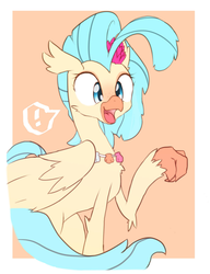 Size: 1569x2048 | Tagged: safe, artist:akainu_pony, princess skystar, classical hippogriff, hippogriff, g4, my little pony: the movie, chest fluff, cute, exclamation point, female, floppy ears, flower, flower in hair, fluffy, freckles, leg fluff, open mouth, raised hoof, seashell necklace, simple background, skyabetes, smiling, solo, speech bubble, sweet dreams fuel