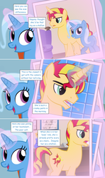 Size: 1280x2168 | Tagged: safe, artist:hakunohamikage, sunset shimmer, trixie, pony, unicorn, ask-princesssparkle, g4, ask, butt, female, half r63 shipping, magic, photo, plot, rule 63, ship:trixglare, shipping, size difference, sunset glare, toothbrush, transformation, transgender transformation, tumblr
