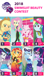 Size: 872x1492 | Tagged: safe, screencap, applejack, fluttershy, pinkie pie, rainbow dash, rarity, sci-twi, sunset shimmer, trixie, twilight sparkle, equestria girls, equestria girls specials, g4, my little pony equestria girls: better together, my little pony equestria girls: forgotten friendship, clothes, female, humane five, humane seven, humane six, rock horse, swimsuit, swimsuit beauty contest