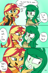 Size: 800x1214 | Tagged: safe, artist:emositecc, sunset shimmer, wallflower blush, equestria girls, equestria girls series, forgotten friendship, g4, 2018, as seen on tv (spongebob episode), bad touch, clothes, comic, dialogue, do not want, duo, female, freckles, help, jacket, lesbian, molestation, nervous, personal space invasion, ship:wallset, shipping, singing, speech bubble, spongebob squarepants, striped sweater, sweater