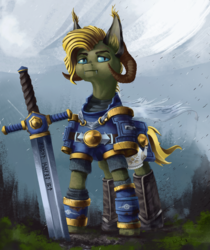 Size: 2749x3275 | Tagged: safe, artist:weirdcloud, oc, original species, pony, armor, colored, ear tufts, fangs, fantasy class, high res, knight, painting, ram horns, runes, scenery, scenery porn, solo, sword, warrior, weapon