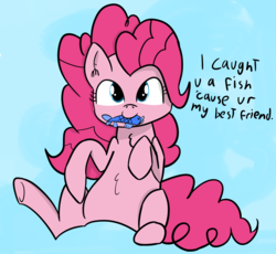 Size: 3000x2762 | Tagged: safe, artist:artiks, pinkie pie, fish, g4, blue background, dialogue, female, high res, looking at you, mare, simple background, solo