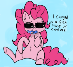 Size: 3000x2762 | Tagged: safe, artist:artiks, pinkie pie, fish, g4, blue background, cool, dialogue, female, high res, looking at you, mare, simple background, solo, sunglasses